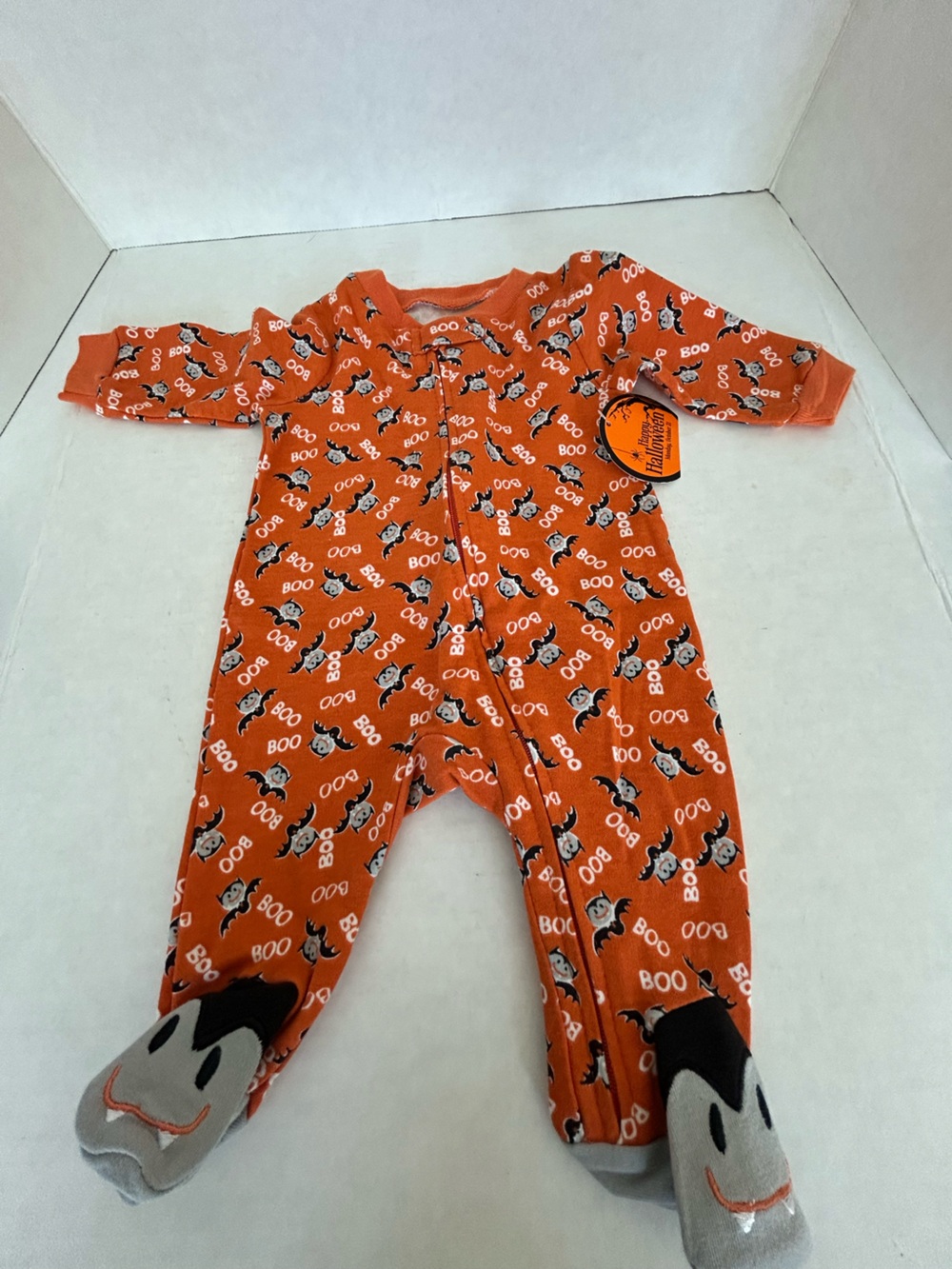 Halloween Orange Infant One-Piece Sleeper - Boo Bat Print Sz 0-3M NWWT